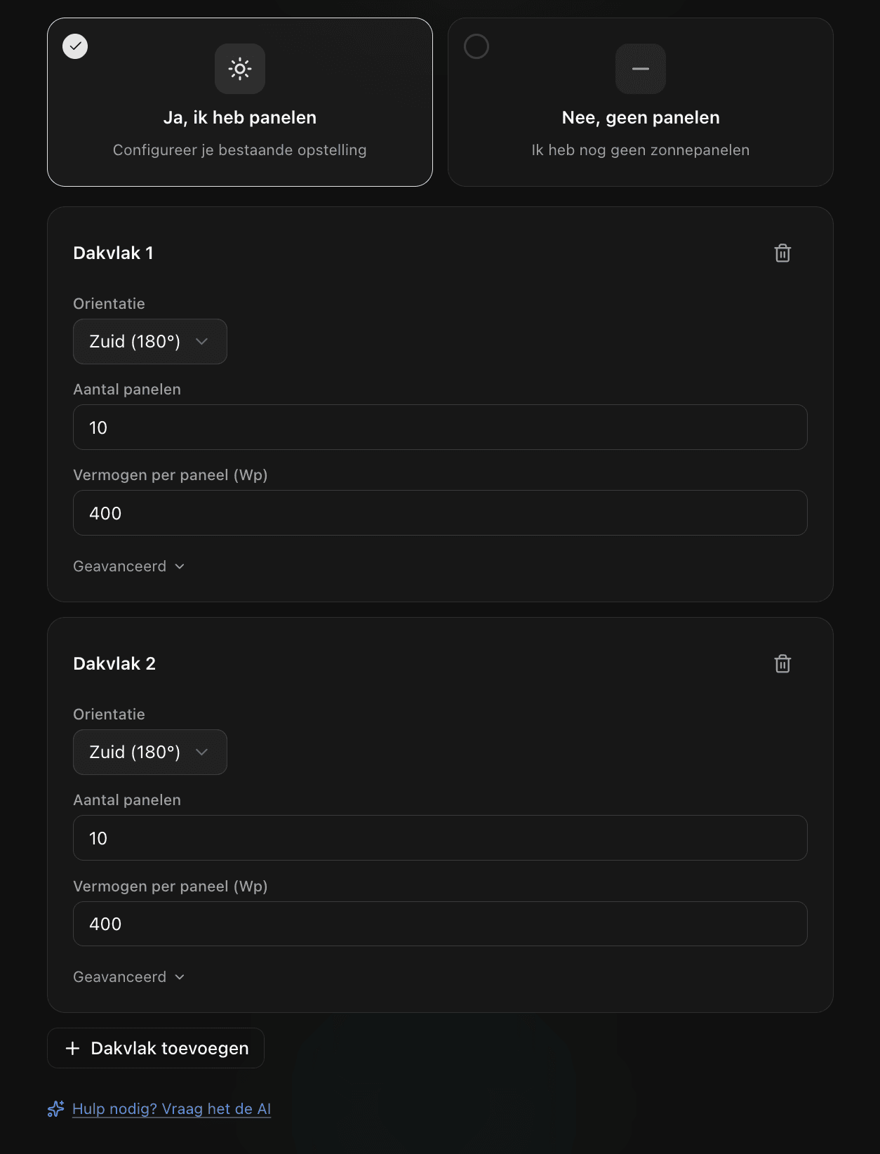 Twee dakvlakken geconfigureerd