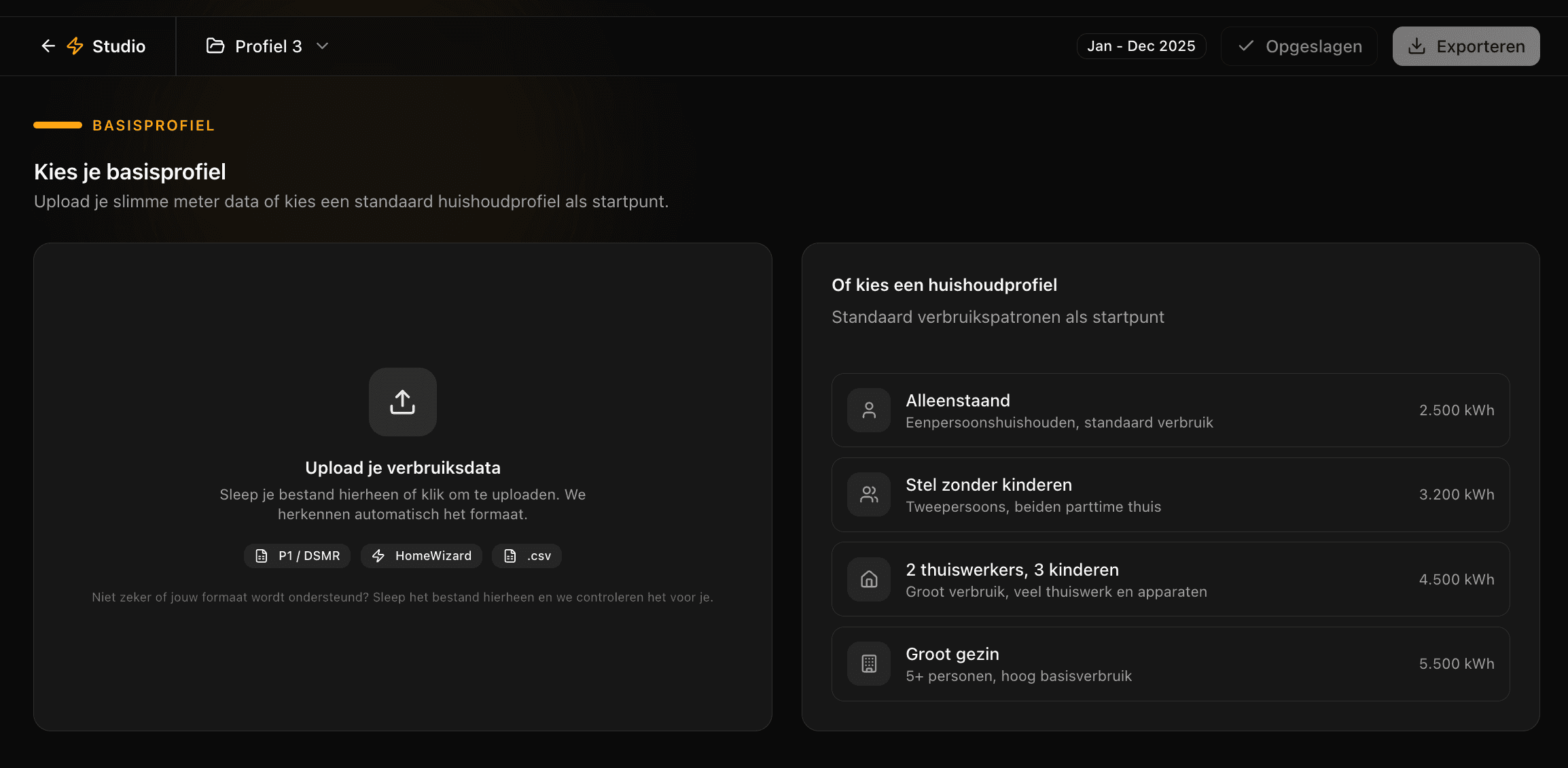 Standaard huishoudprofielen in Studio