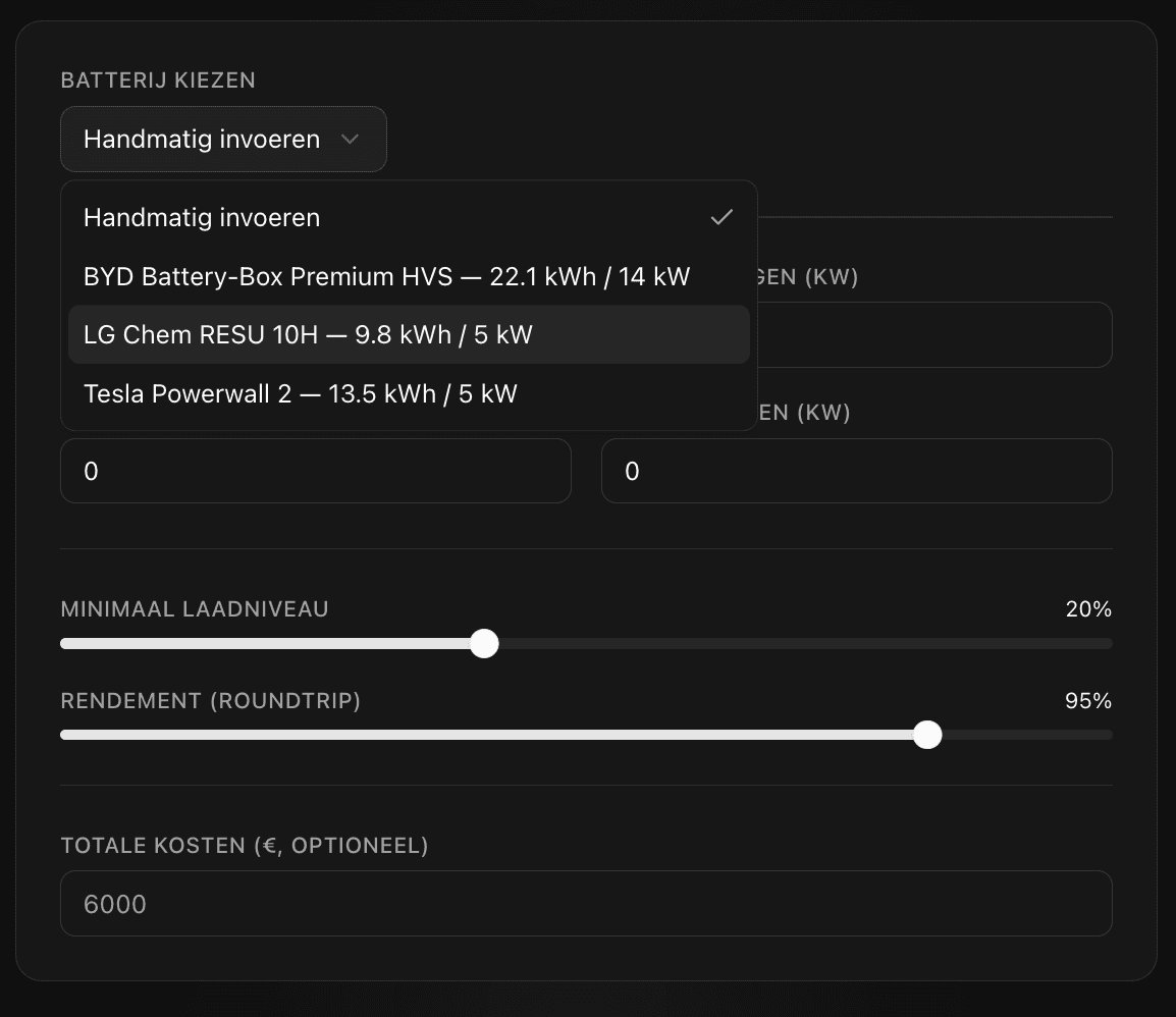 Batterij dropdown met modellen